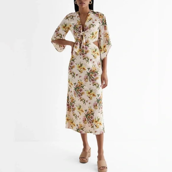 Express Satin Floral V-Neck Tie Front Cutout Midi Dress - Picture 1 of 9